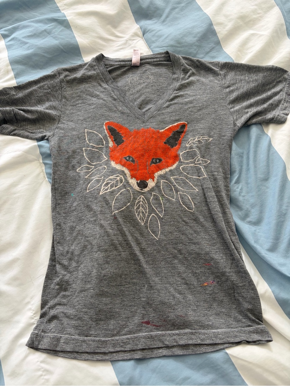 Gray V-Neck Tee with Orange Fox Graphic